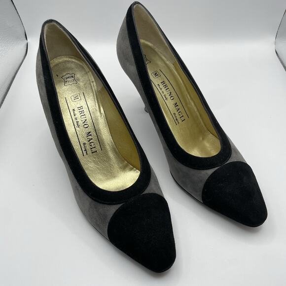 Bruno Magli Size 6.5 Suede Leather High Heels Colorblock Black Gray Slip On Shoe - Picture 2 of 9